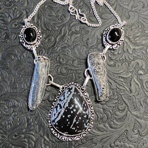 Snowflake Obsidian Kyanite and Onyx Gemstone Necklace